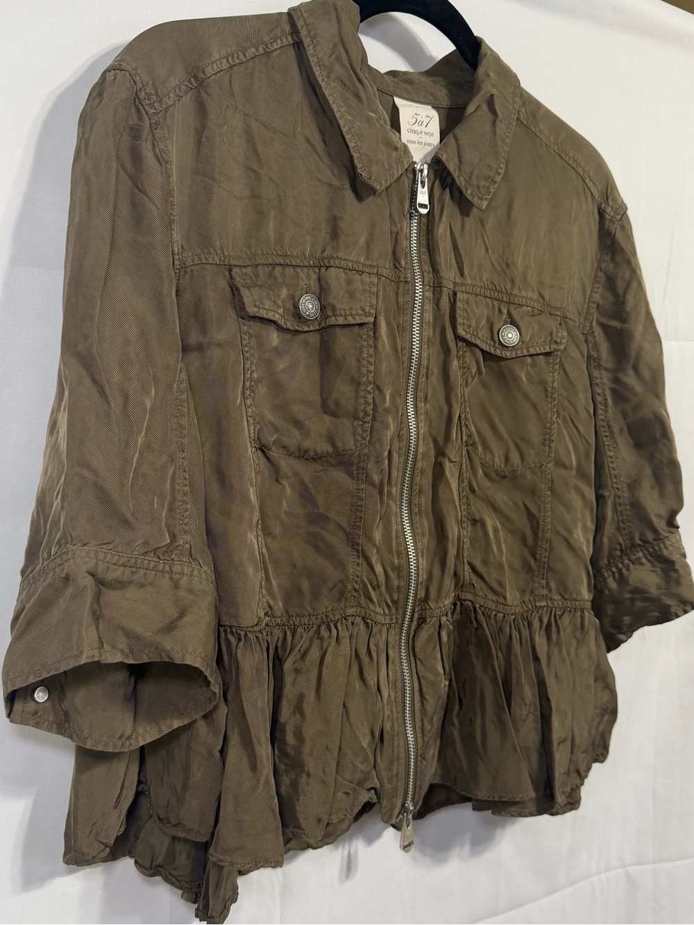 Cinq a Sept Women's Medium Olive Green Cupro Zip Front Short Jacket 3/4 Sleeve - Picture 5 of 13